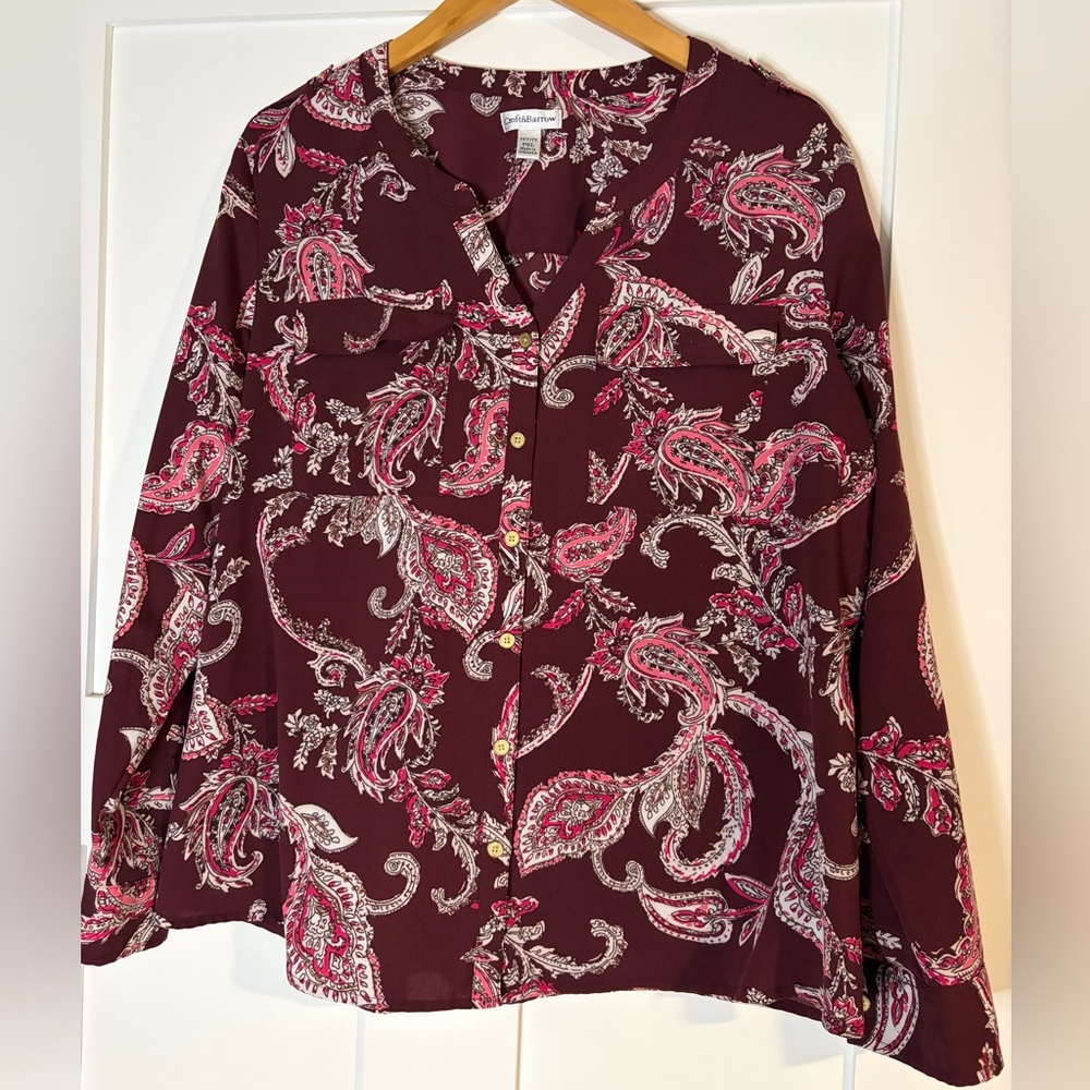 Croft & Barrow Burgundy Paisley Roll-Tab Sleeve Button Down Blouse PXL Petite XL